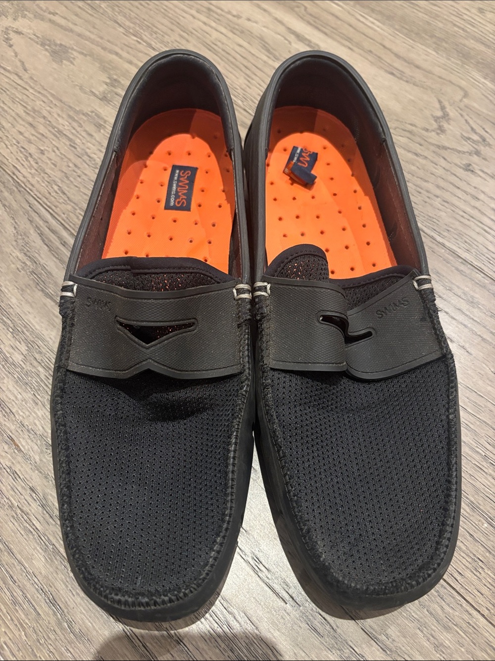 SWIMS size 10  Black Mesh Slip-On Loafers with Orange Insole